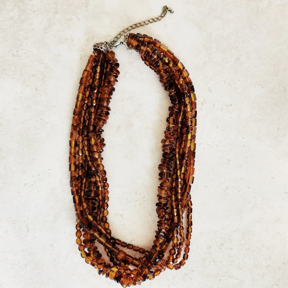 Multistrand Amber Colored Acrylic Beaded Statement Necklace